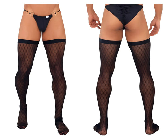 Black fishnet mesh thigh highs with a gold-toned ring belt from Candyman 99735 collection in color black