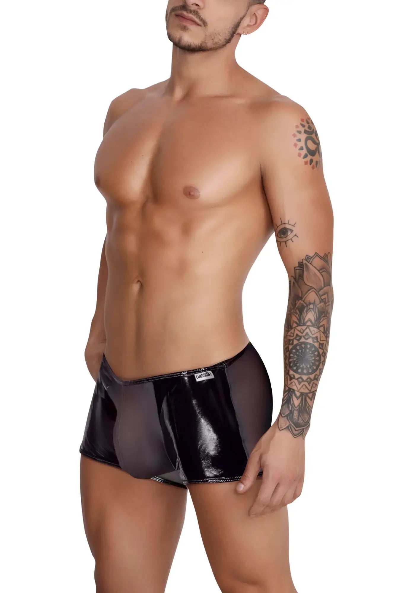 Candyman 99737 mesh trunks in black glossy patent leather briefs with subtle side seam detail front view