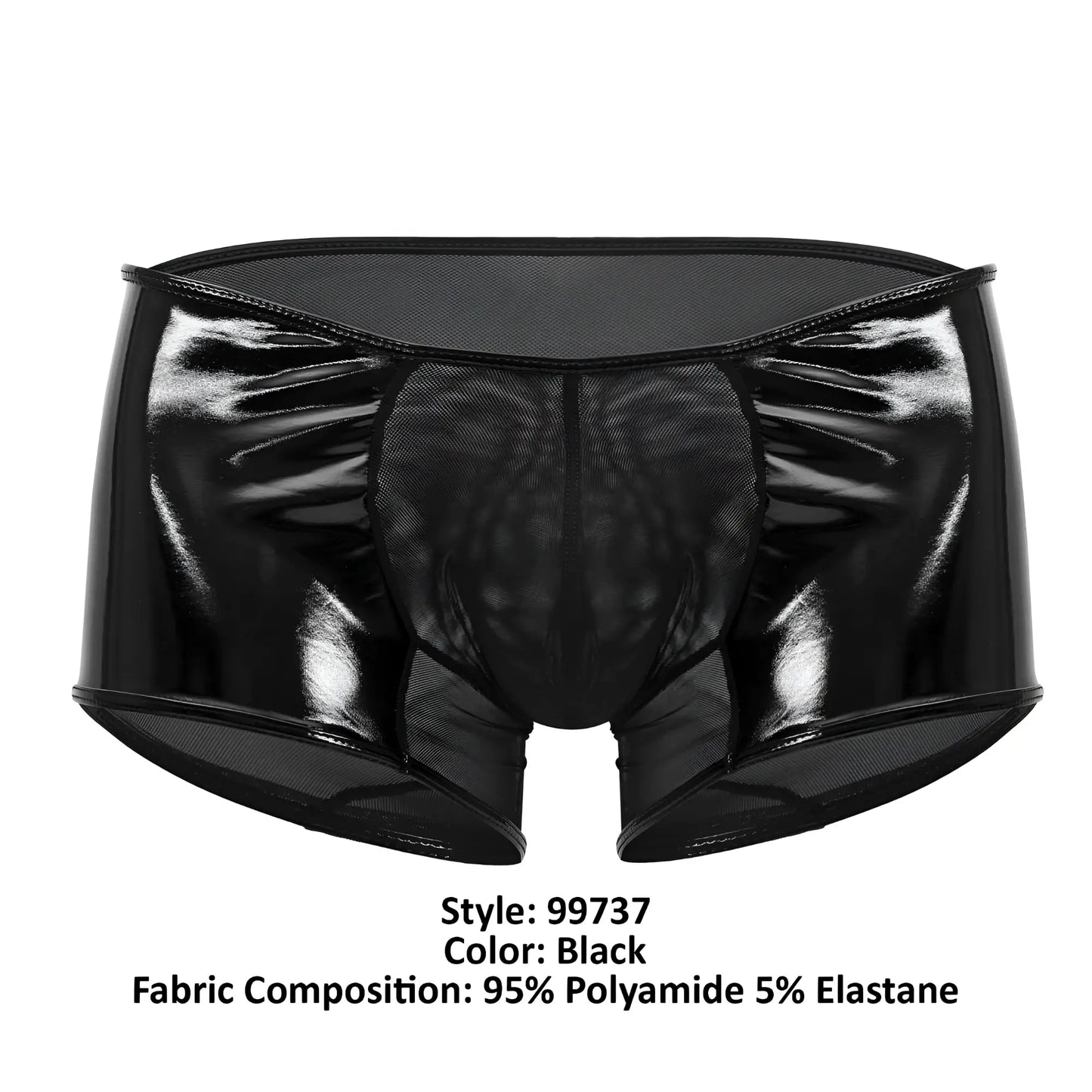 Candyman 99737 mesh trunks in black feature black patent leather briefs with front and side mesh panels
