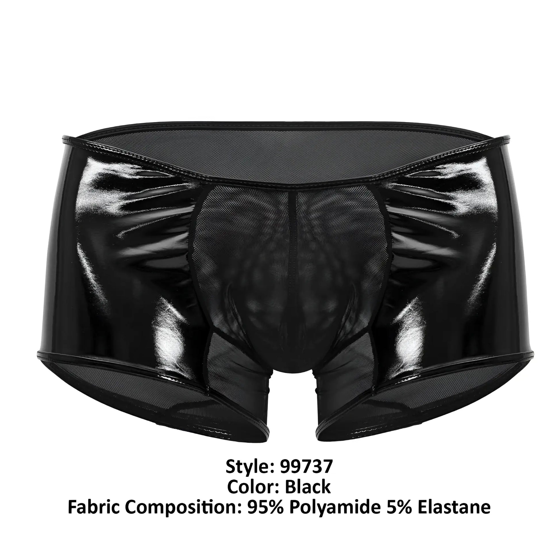 Candyman 99737 mesh trunks in black feature black patent leather briefs with front and side mesh panels