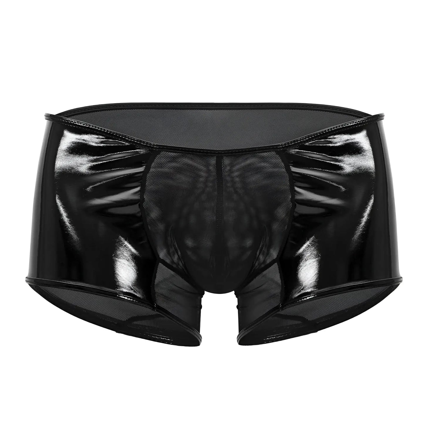 Black candyman 99737 mesh trunks featuring patent leather briefs with glossy mesh panels and reflective finish