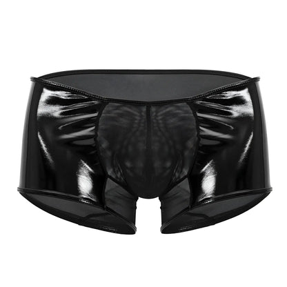 Black candyman 99737 mesh trunks featuring patent leather briefs with glossy mesh panels and reflective finish