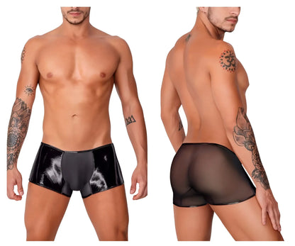 Black candyman 99737 mesh trunks featuring black patent leather and sheer mesh briefs with a glossy finish
