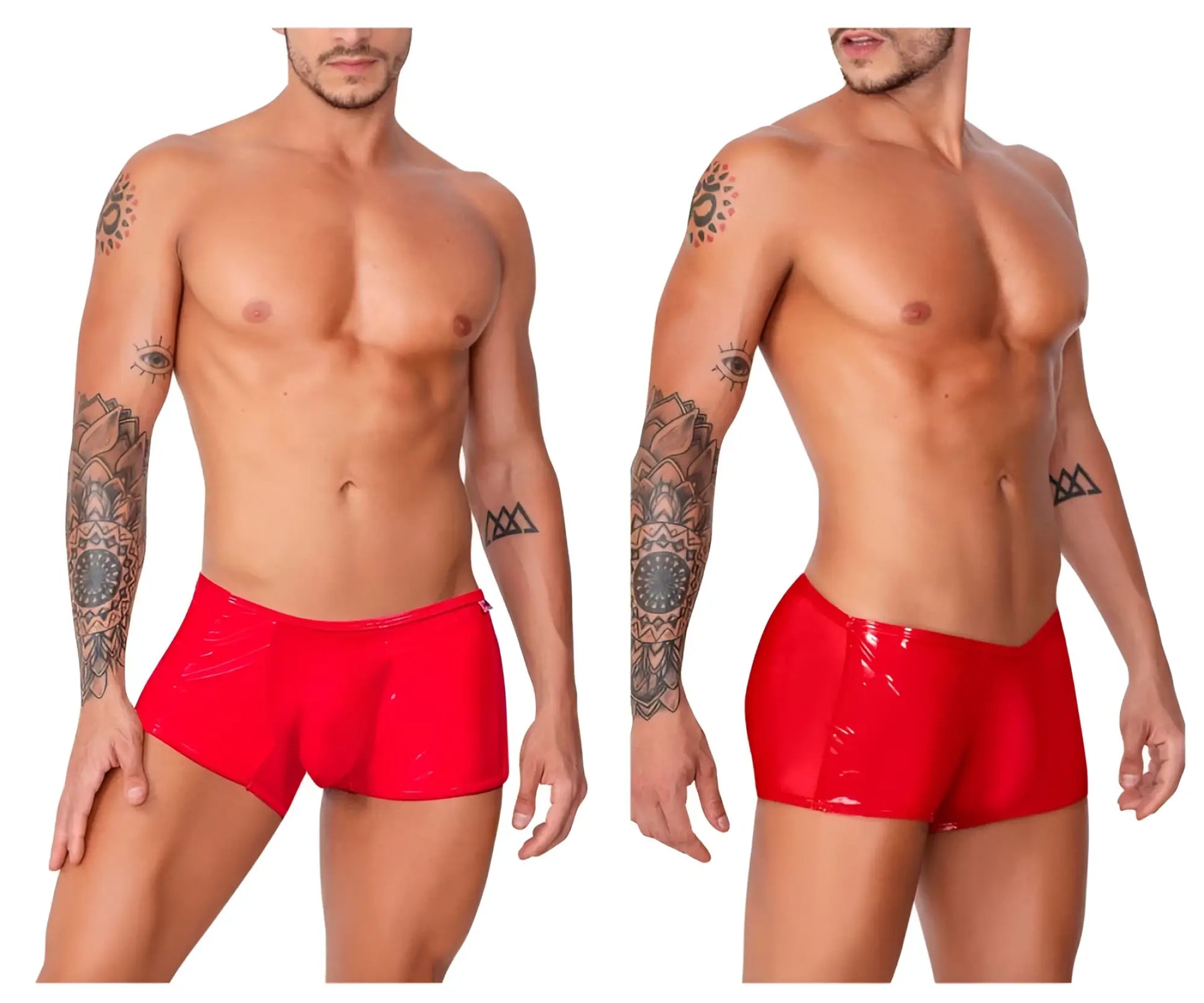Red glossy latex CandyMan 99737 mesh swim trunks with snug fit and high-cut leg design for men