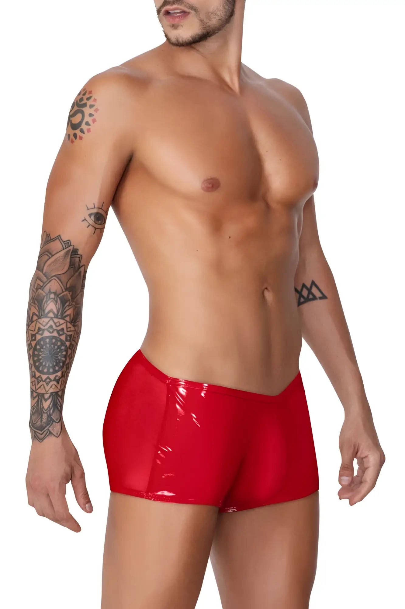 Red glossy latex swim trunks candyman 99737 mesh trunks color red front view for swimwear use