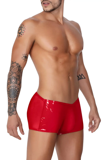 Red glossy latex swim trunks candyman 99737 mesh trunks color red front view for swimwear use