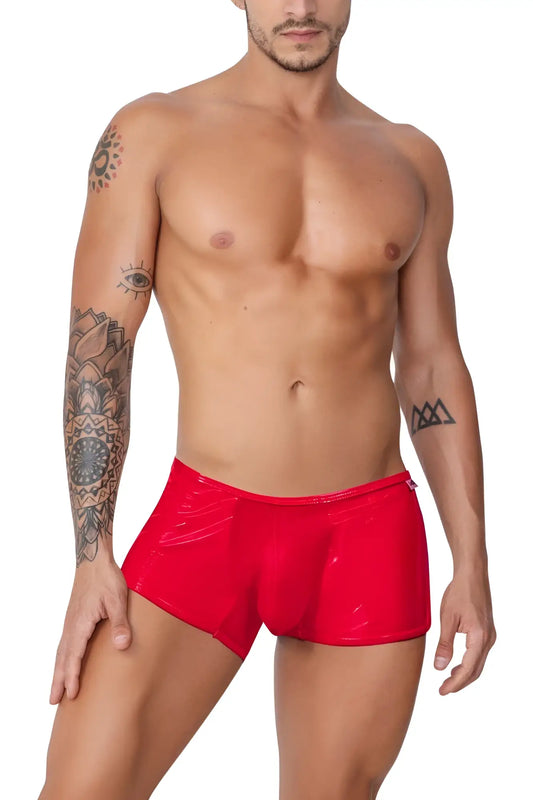 Red patent leather briefs from candyman 99737 mesh trunks collection featuring a glossy finish