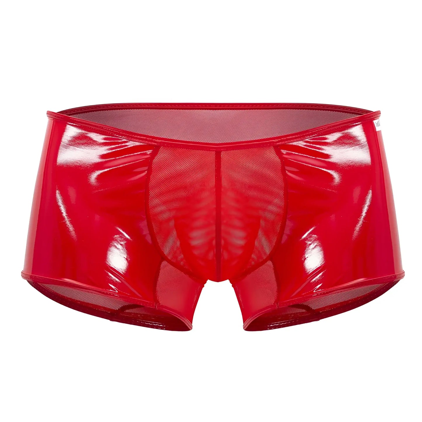 Red patent leather briefs with mesh panels from candyman 99737 mesh trunks in red shown from the back side