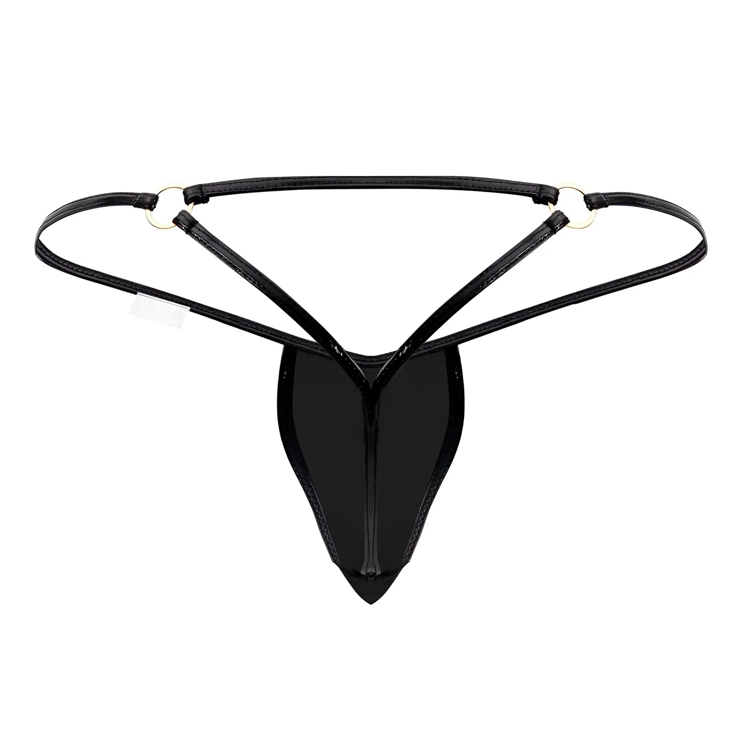 Black glossy latex thong with thin straps and silver-toned metal rings candyMan 99738 gloss g-string color black