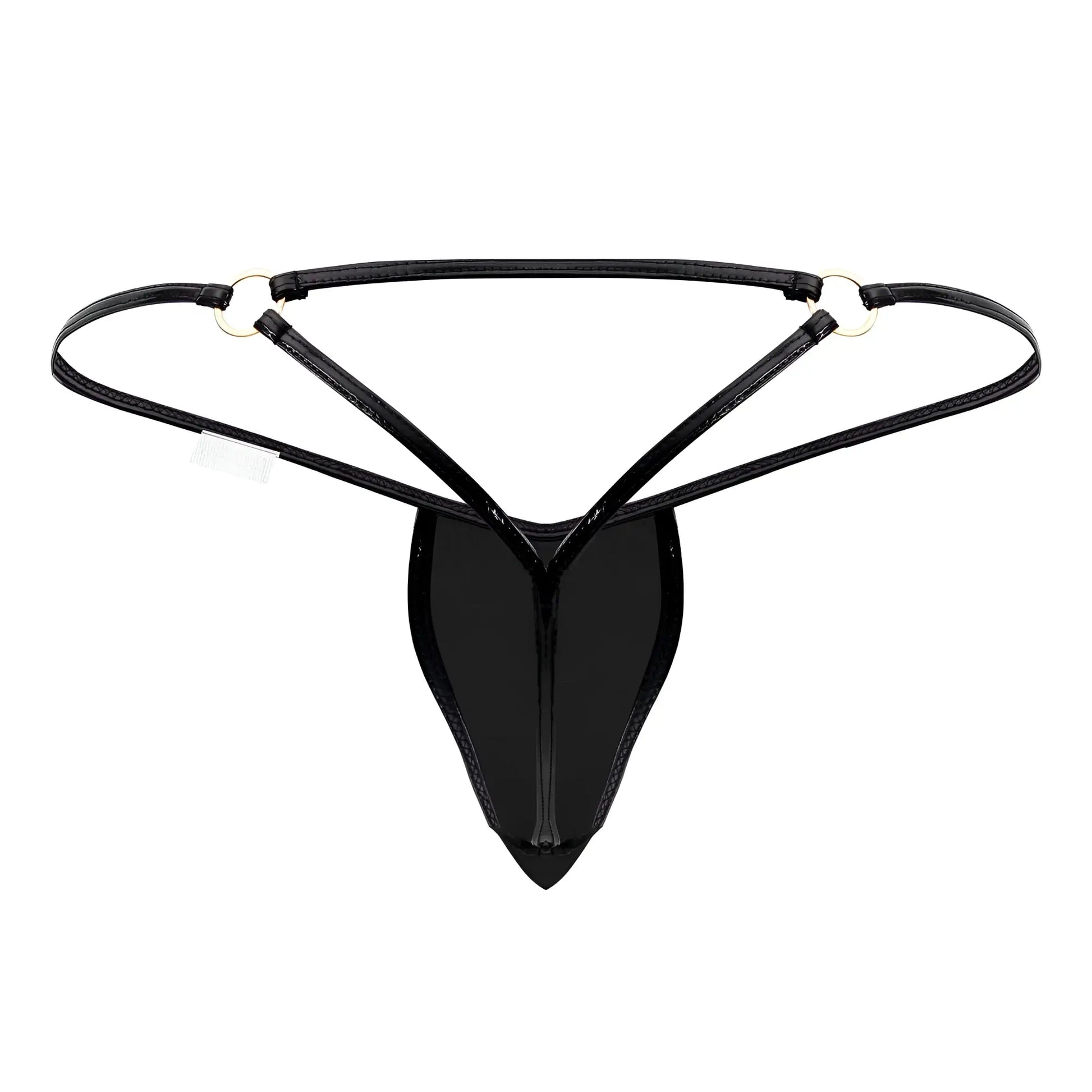 Black glossy latex thong with thin straps and silver-toned metal rings candyMan 99738 gloss g-string color black