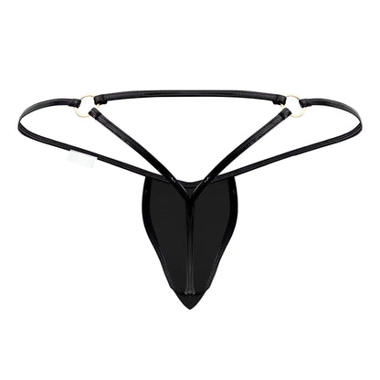Black glossy latex thong with thin straps and silver-toned metal rings candyMan 99738 gloss g-string color black