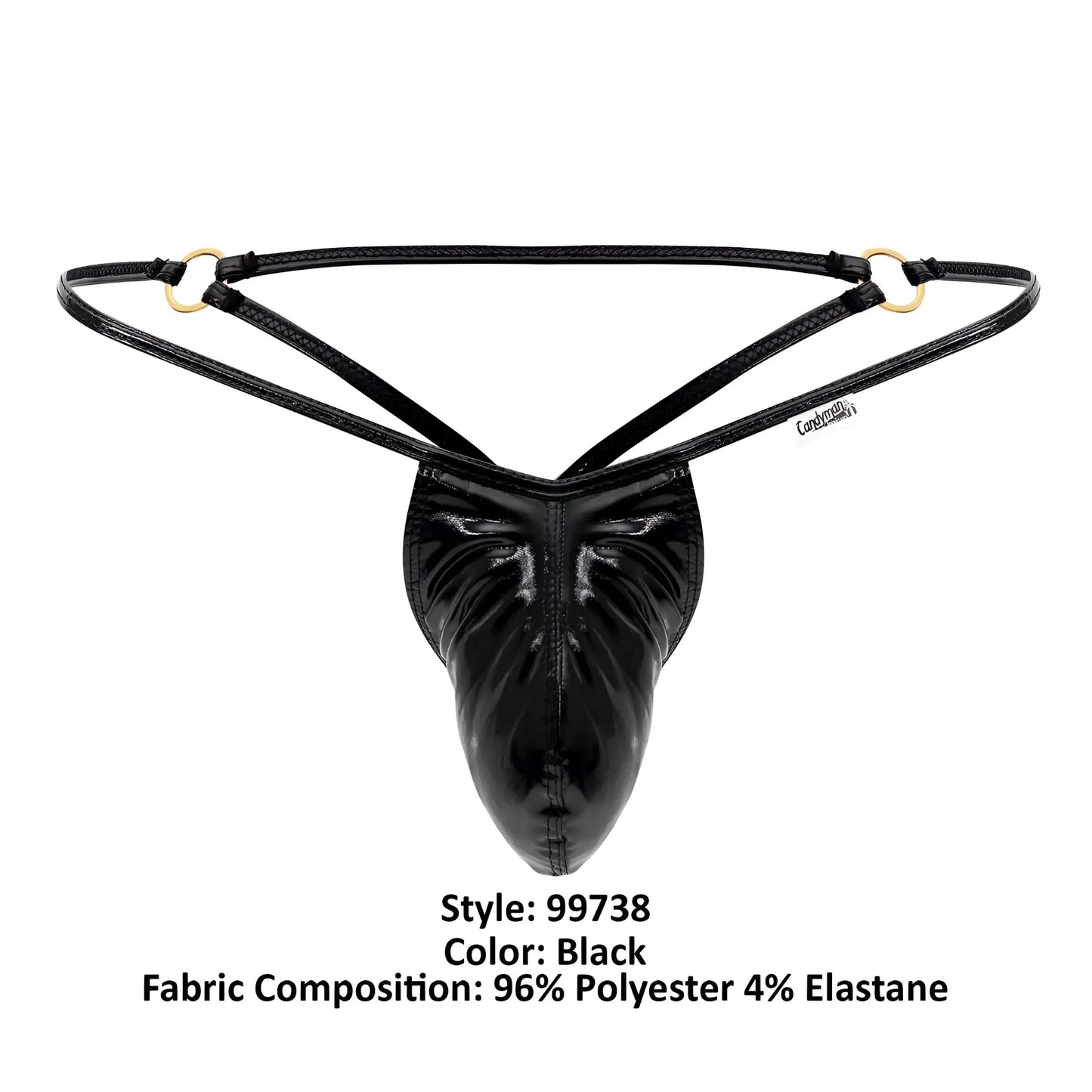 Black glossy polyester and elastane thong with gold-tone metal rings candyMan 99738 gloss g-string front view