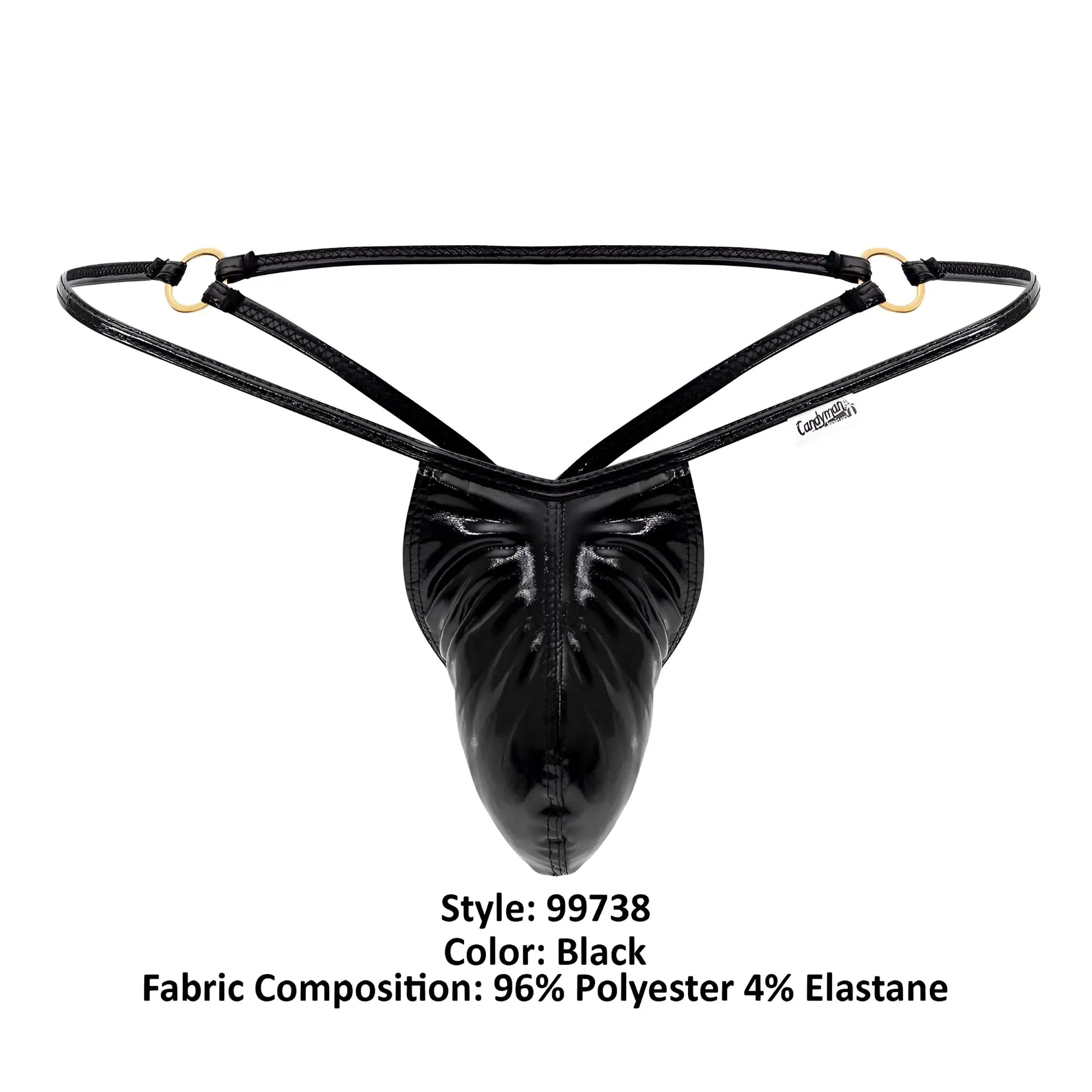 Black glossy polyester and elastane thong with gold-tone metal rings candyMan 99738 gloss g-string front view