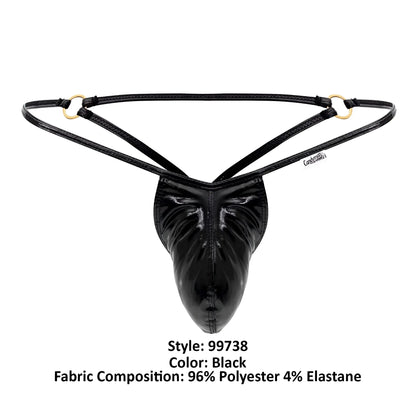 Black glossy polyester and elastane thong with gold-tone metal rings candyMan 99738 gloss g-string front view