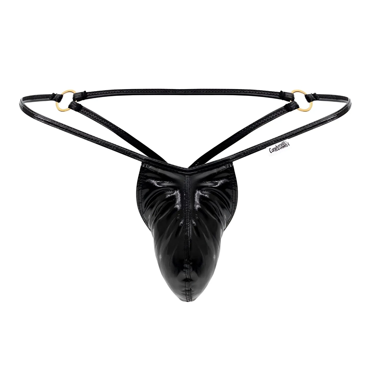 Black patent leather thong g-string with gold-tone metal rings and central pouch from candyman 99738 gloss color black