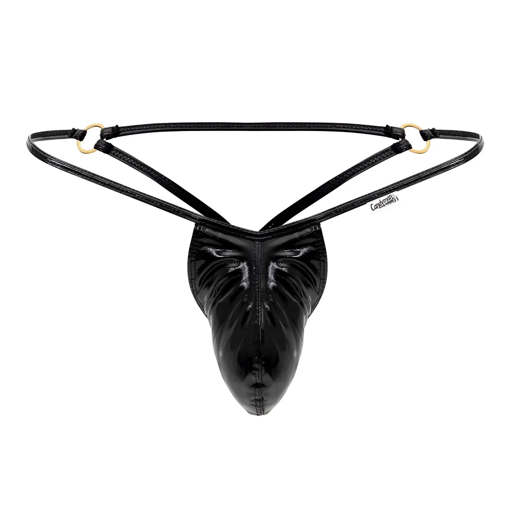 Black patent leather thong g-string with gold-tone metal rings and central pouch from candyman 99738 gloss color black