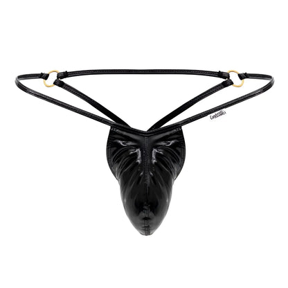 Black patent leather thong g-string with gold-tone metal rings and central pouch from candyman 99738 gloss color black
