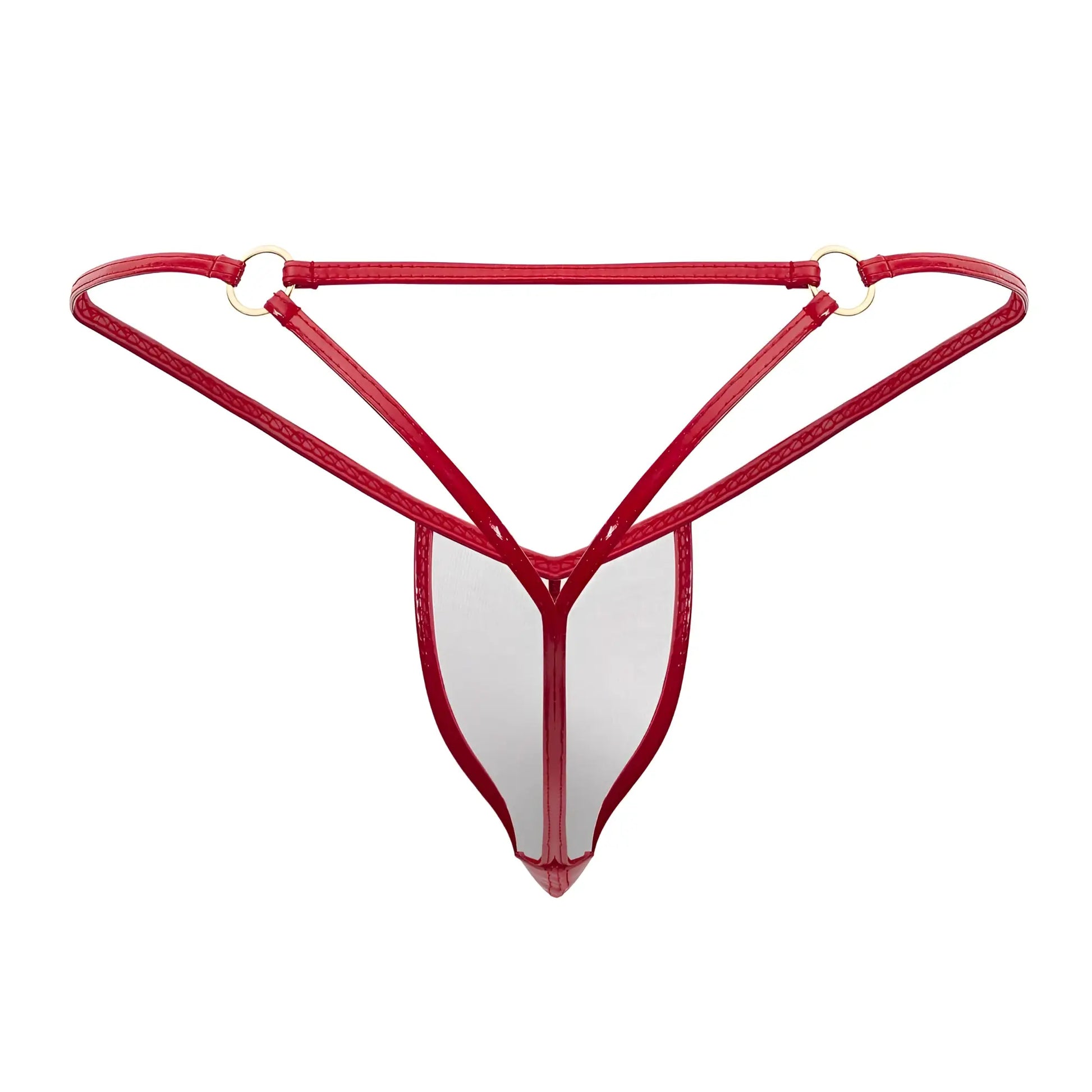 Red glossy latex thong g-string with transparent center panel and gold toned metal rings on waistband by Candyman