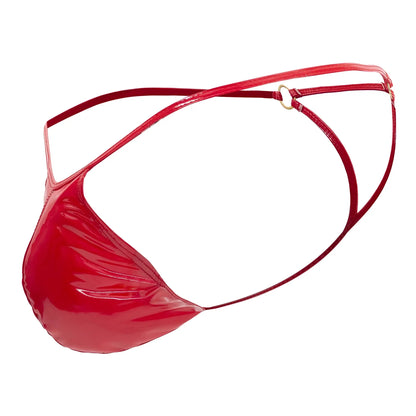 Candyman 99738 gloss g-string red patent leather thong with thin glossy straps and gold toned metal ring