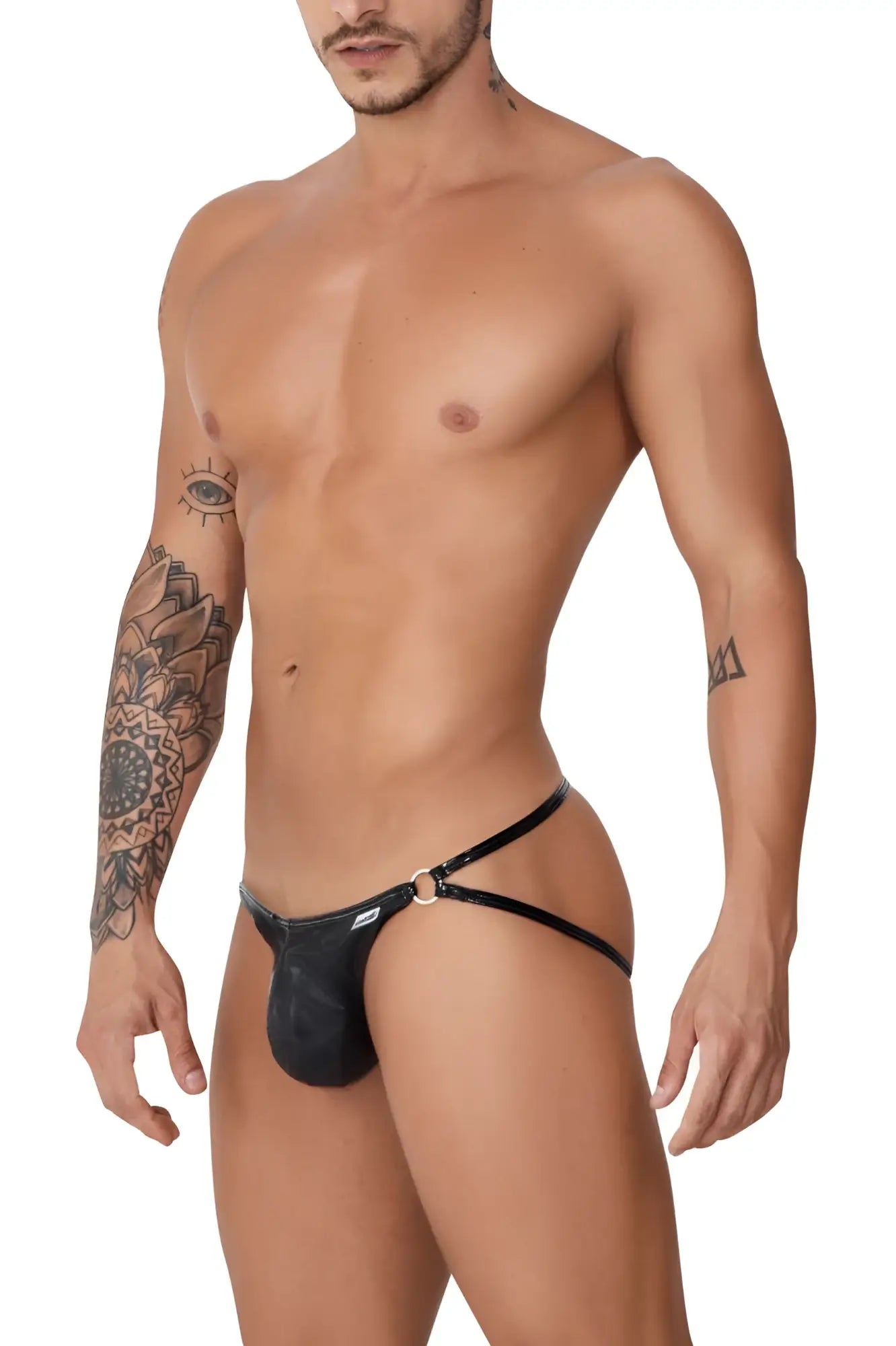 Black leather thong with metallic ring detail from candyman 99741 gloss jockstrap in black shown from the back side