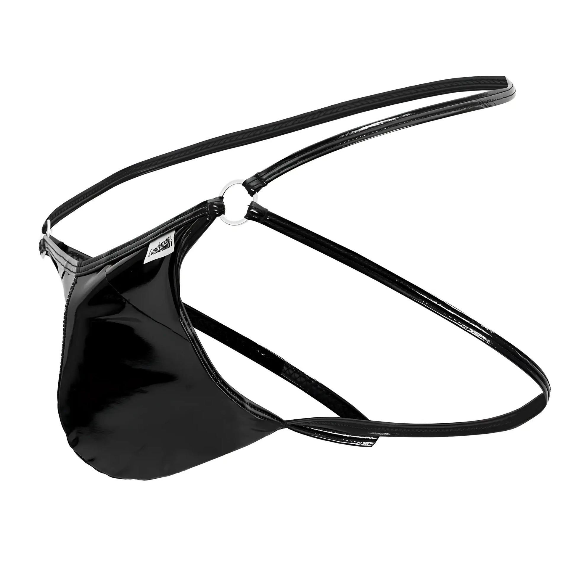 Black patent leather CandyMan 99741 gloss jockstrap with adjustable straps and silver metal ring shown from the back