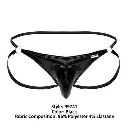 Black patent leather thong jockstrap with glossy finish and white plastic rings at hip straps candyMan 99741