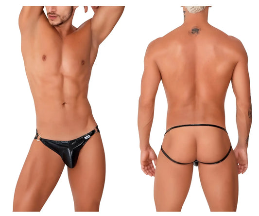 Black patent leather thong with gold-tone hardware and a small CandyMan brand tag on the side