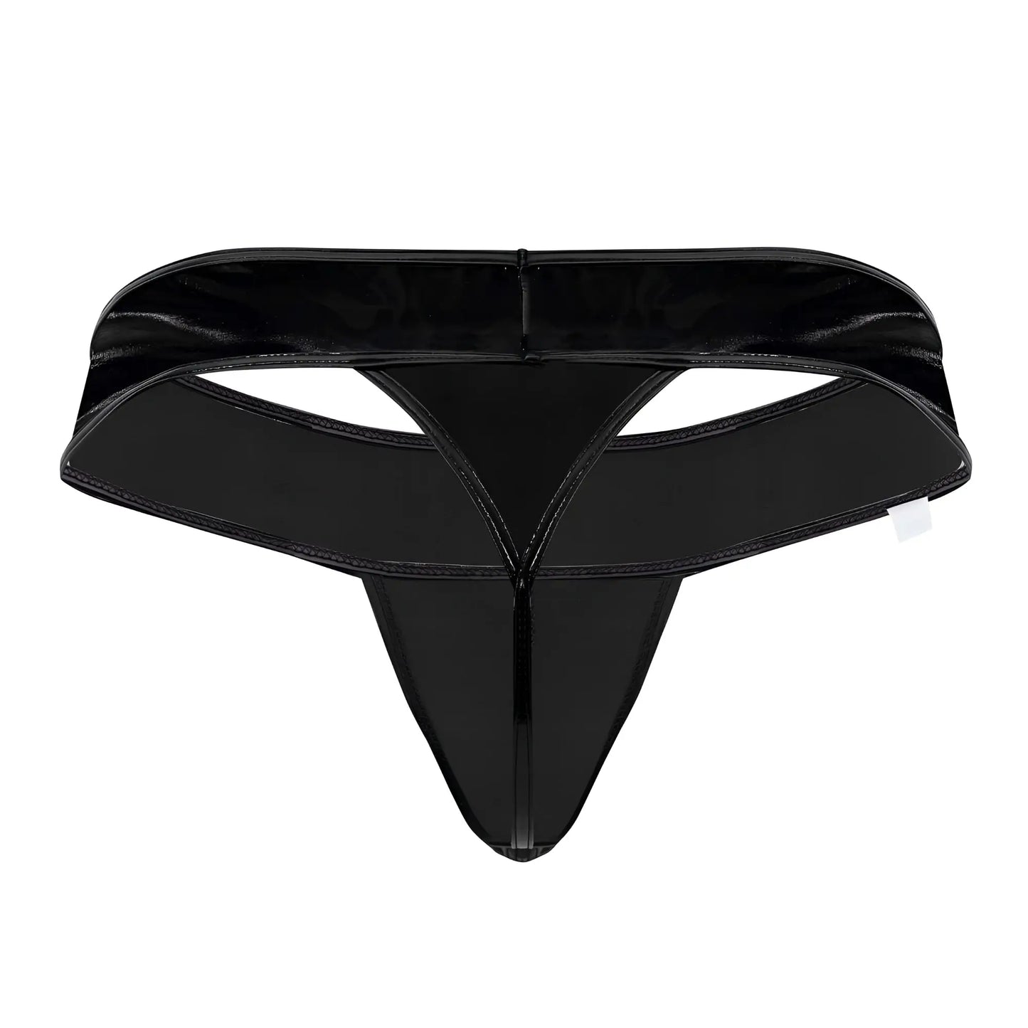 CandyMan 99742 gloss thong in black black glossy latex with sleek form-fitting design and reinforced stitching visible from the back
