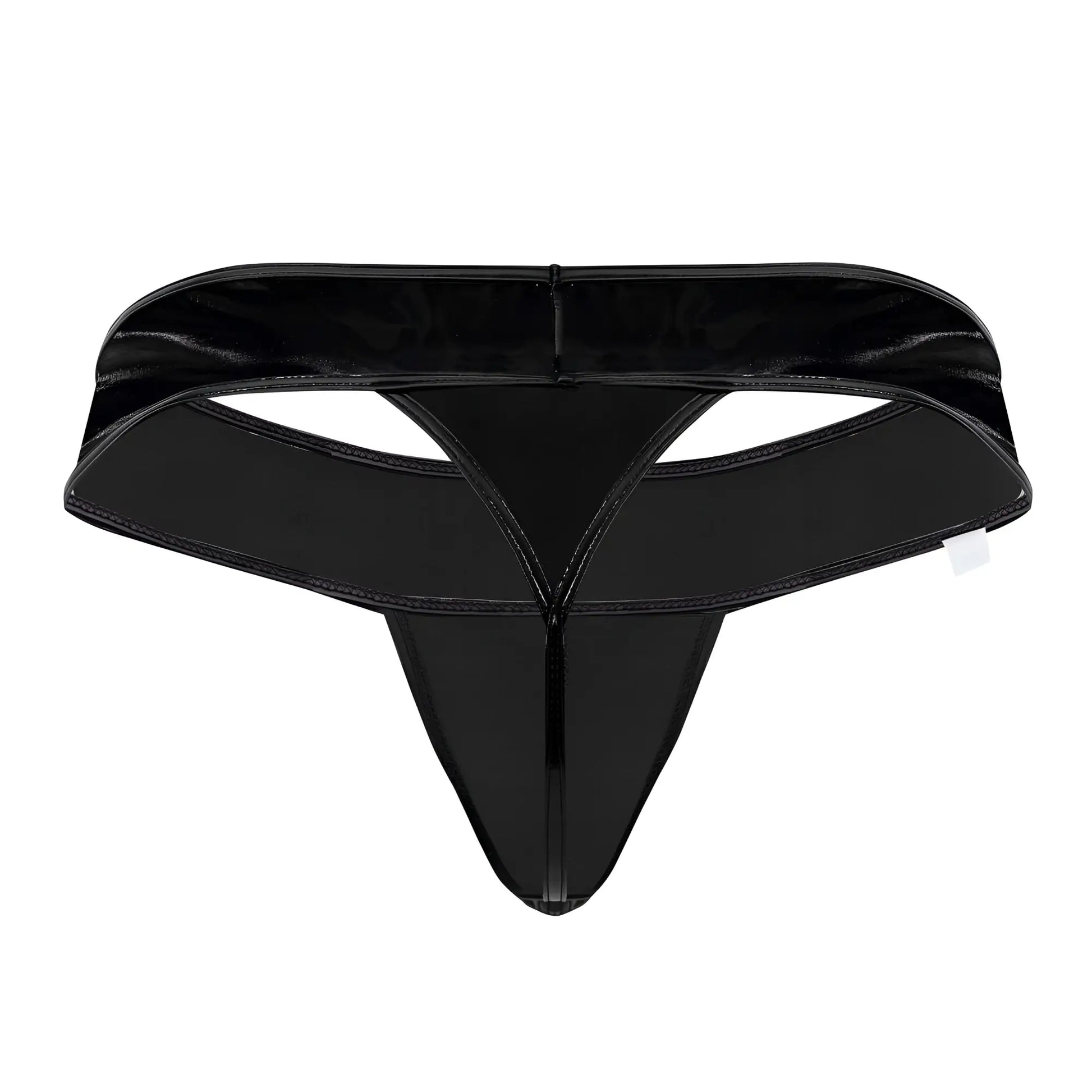 CandyMan 99742 gloss thong in black black glossy latex with sleek form-fitting design and reinforced stitching visible from the back