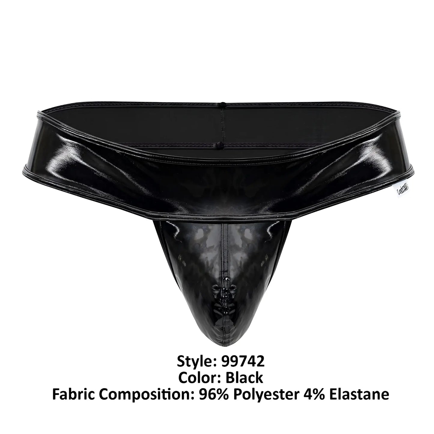 Black patent leather CandyMan 99742 gloss thong with glossy finish and reinforced stitching