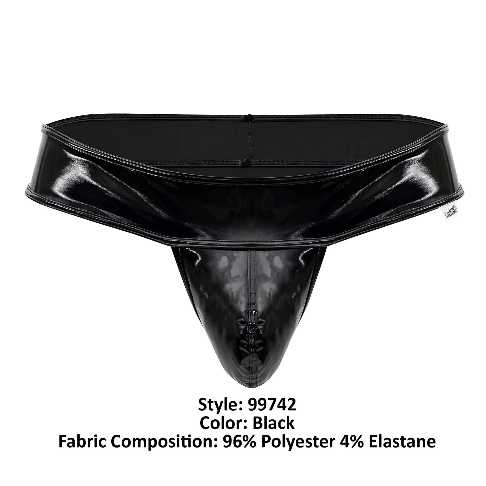 Black patent leather CandyMan 99742 gloss thong with glossy finish and reinforced stitching
