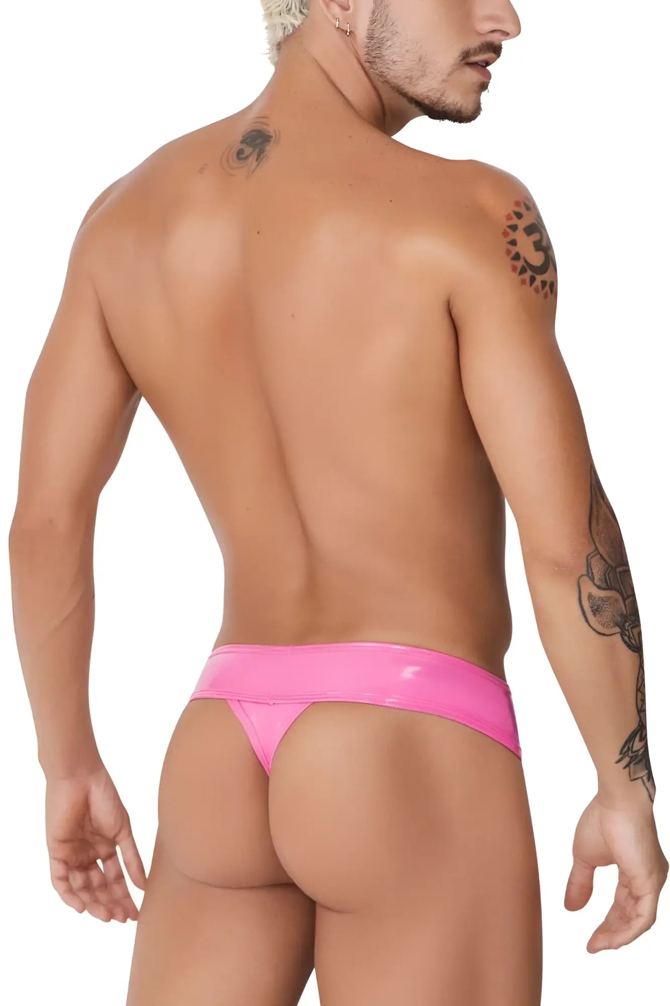 Bright pink glossy latex thong candyMan 99742 showcasing vibrant color and sleek material for bold wear