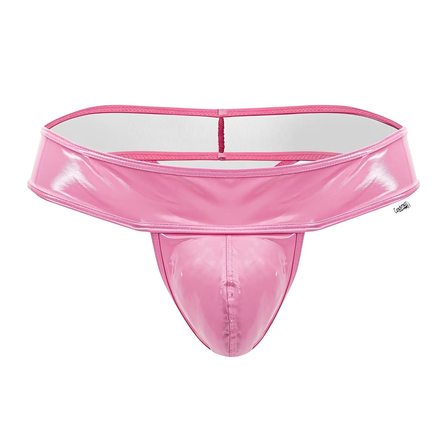 Pink glossy latex thong candy man 99742 with white interior lining showing front side
