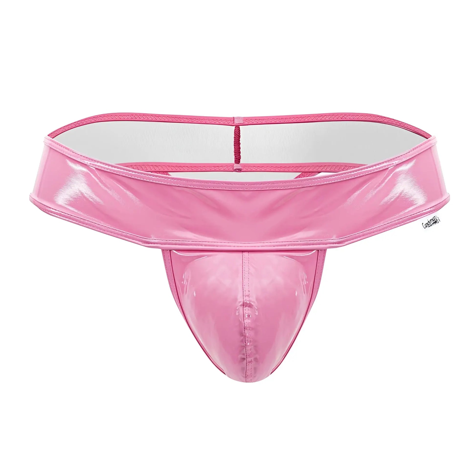 Pink glossy latex thong candy man 99742 with white interior lining showing front side