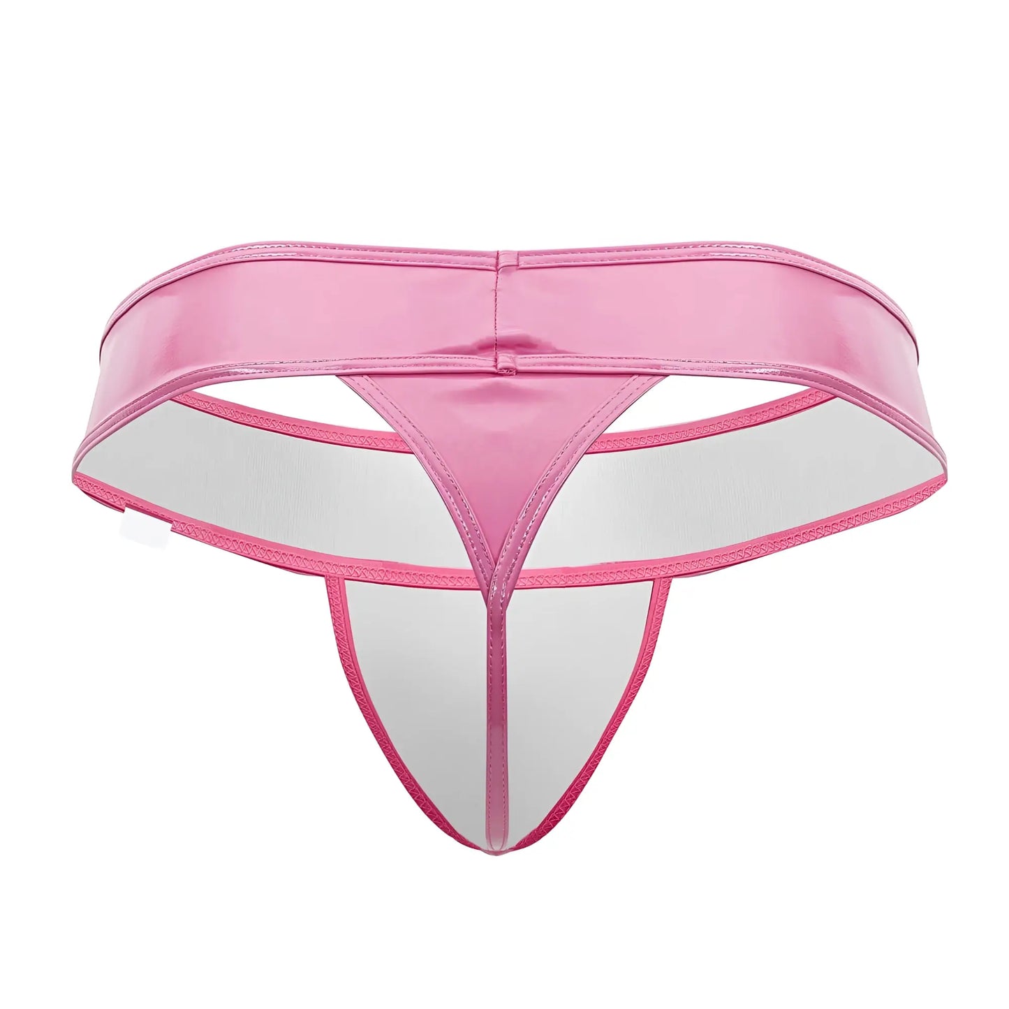 Pink candyman 99742 gloss thong made of shiny latex with transparent white interior and pink stitching visible from front