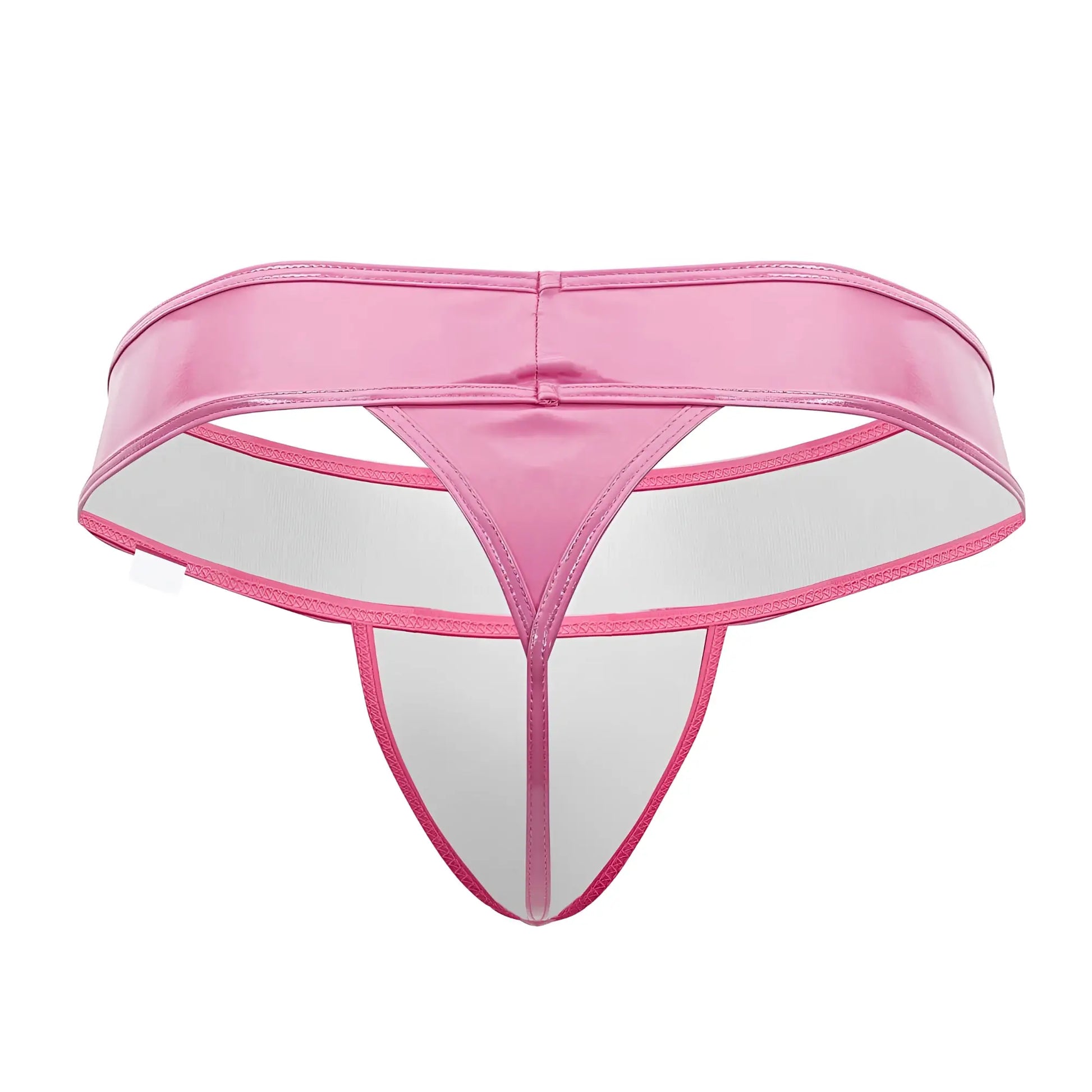 Pink candyman 99742 gloss thong made of shiny latex with transparent white interior and pink stitching visible from front