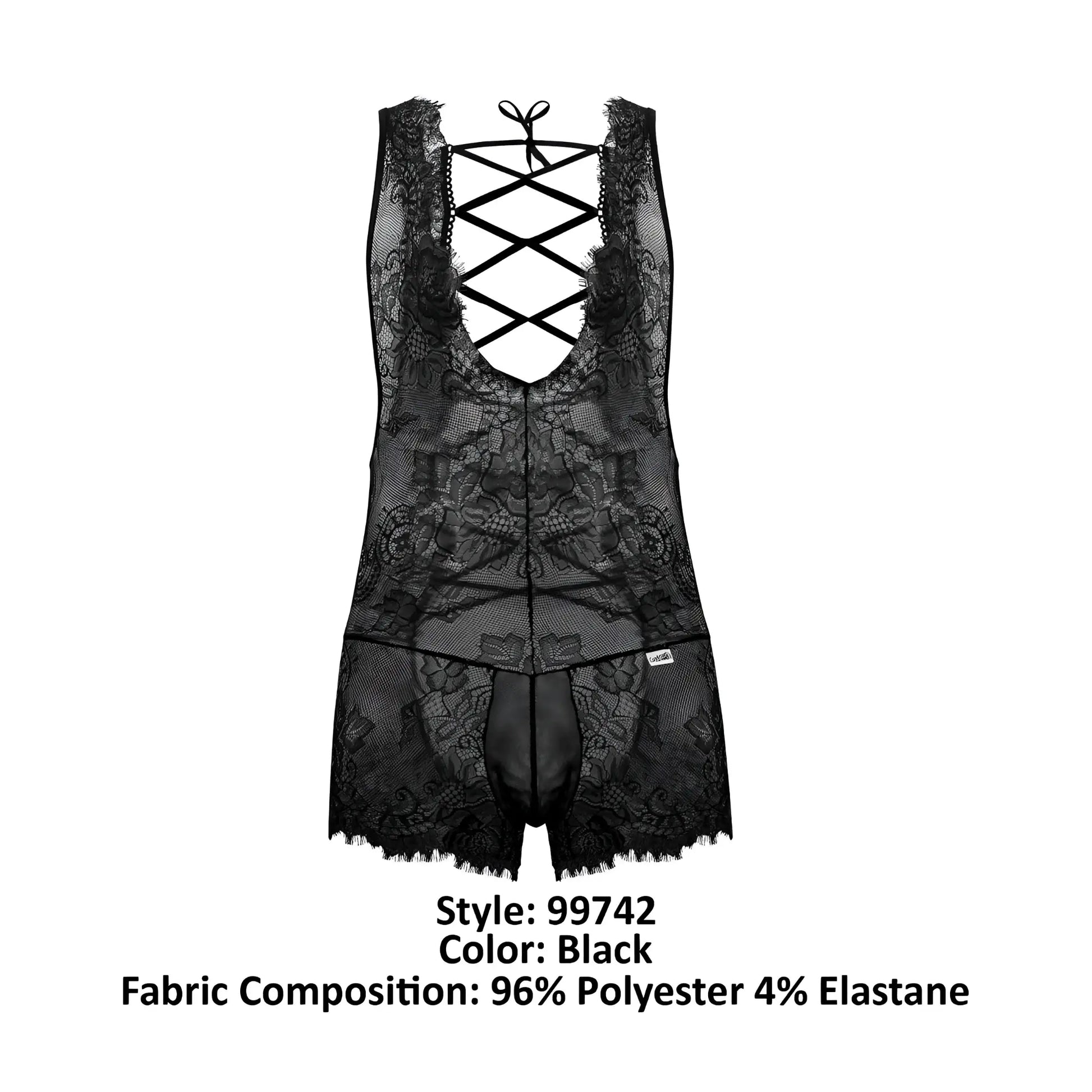 Black lace bodysuit candyMan 99743 with crisscross back design and sheer floral-patterned fabric shown from the back