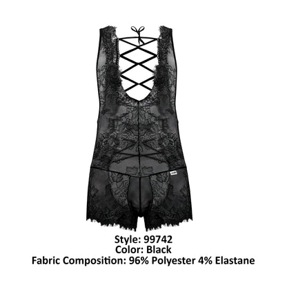 Black lace bodysuit candyMan 99743 with crisscross back design and sheer floral-patterned fabric shown from the back