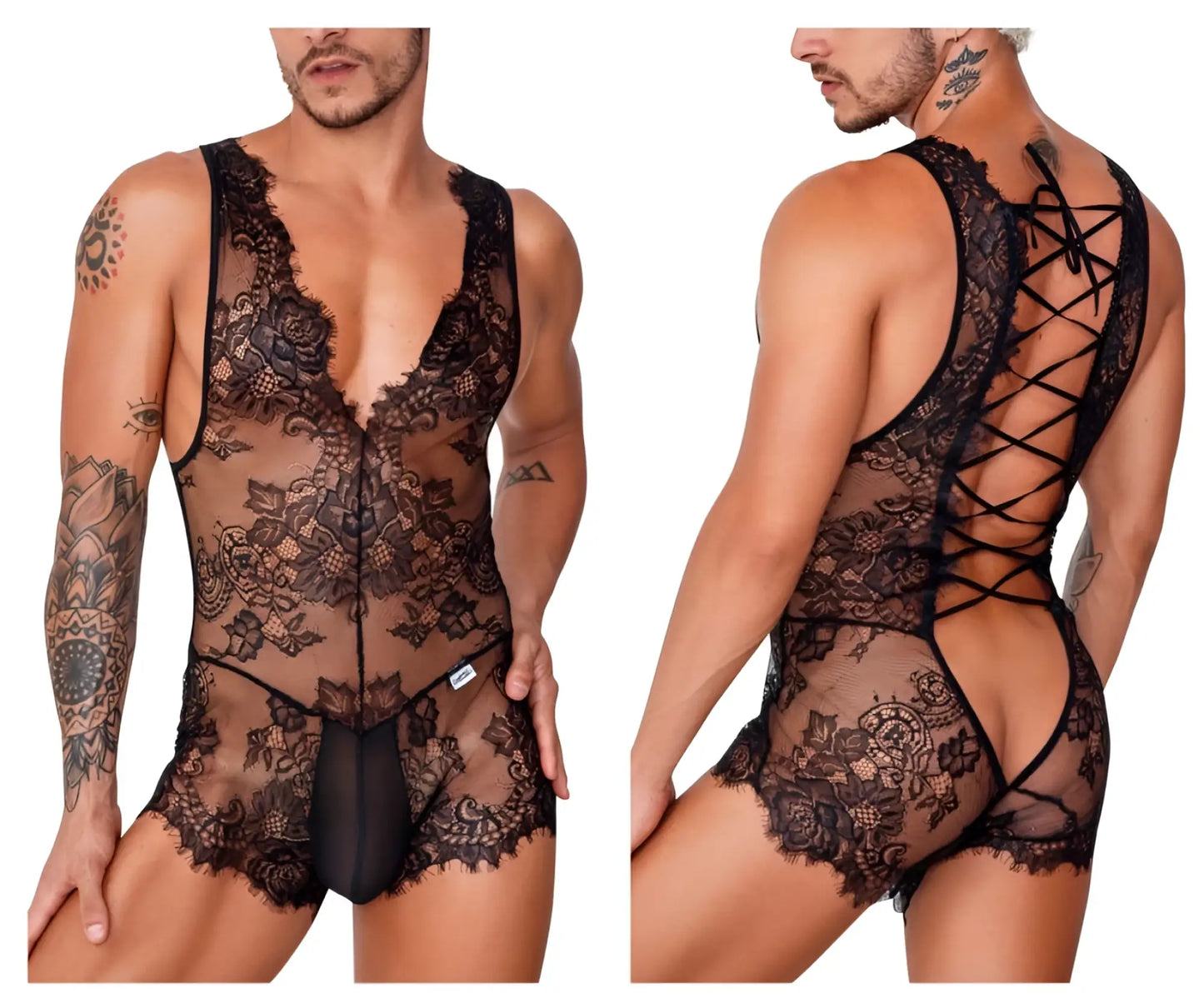 Black lace candy man 99743 bodysuit with floral patterns and back tie design shown from the back side