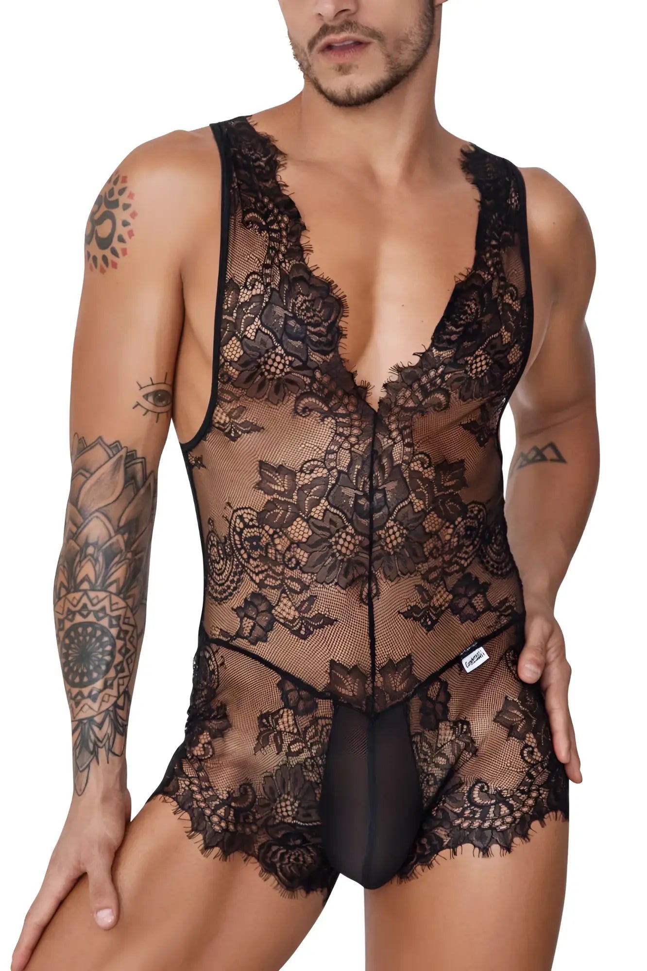 Black floral lace CandyMan 99743 bodysuit with sheer mesh panels and a plunging neckline