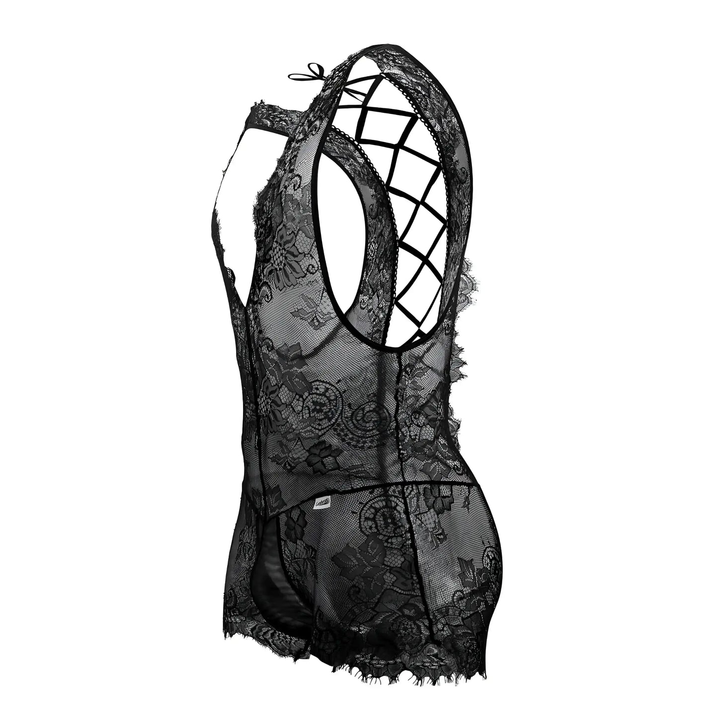 Black lace bodysuit candyman 99743 with intricate floral patterns and crisscross back design shown from back side