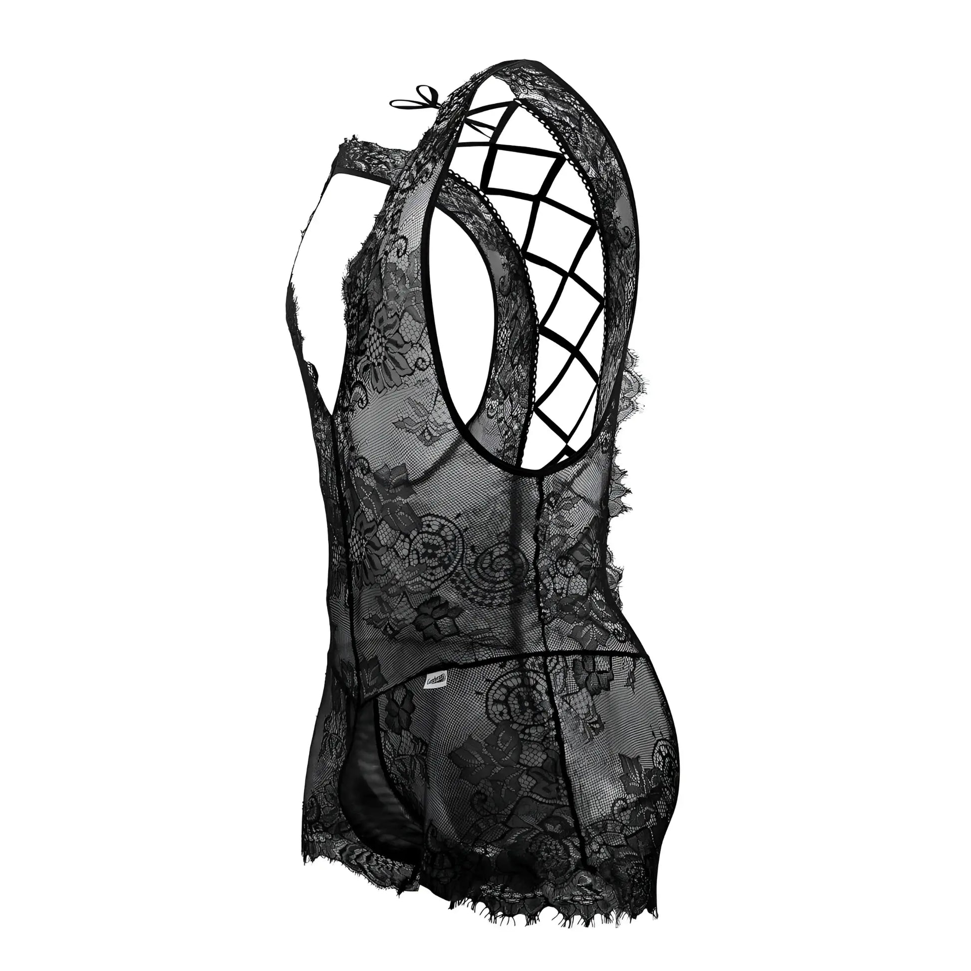Black lace bodysuit candyman 99743 with intricate floral patterns and crisscross back design shown from back side
