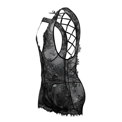 Black lace bodysuit candyman 99743 with intricate floral patterns and crisscross back design shown from back side