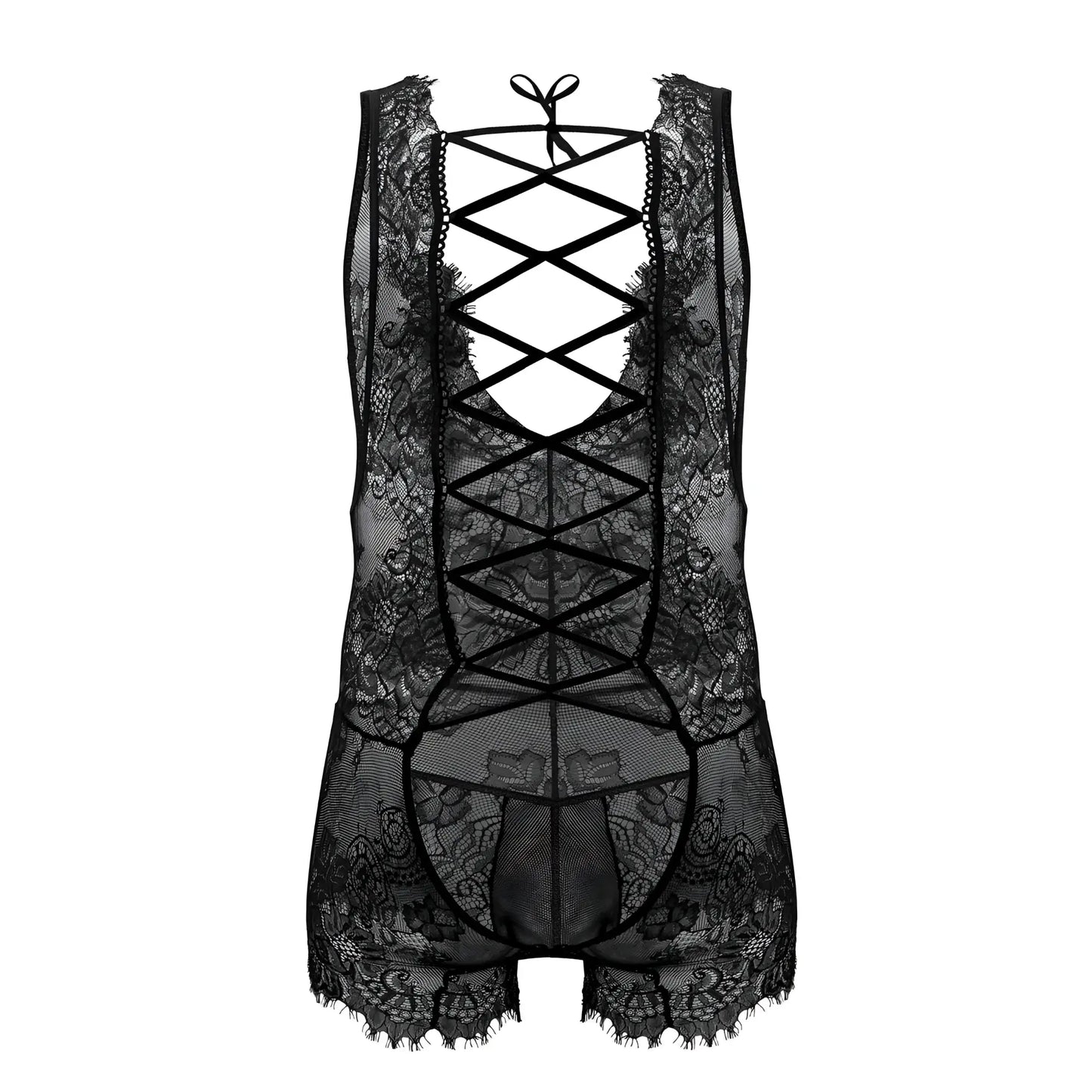 Black lace CandyMan 99743 bodysuit with intricate floral patterns and a crisscross back tie design shown from back side