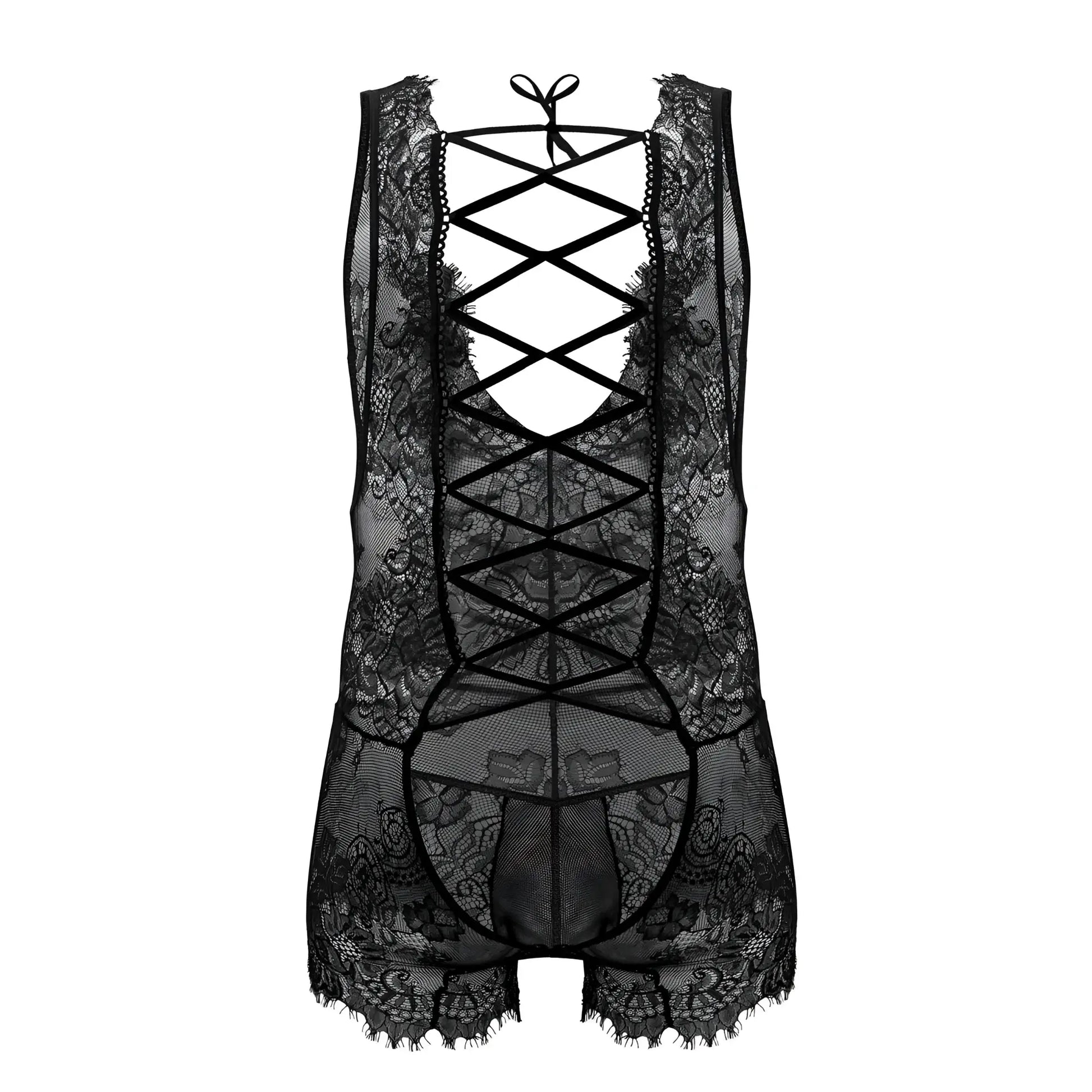 Black lace CandyMan 99743 bodysuit with intricate floral patterns and a crisscross back tie design shown from back side