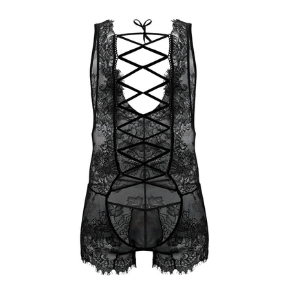 Black lace CandyMan 99743 bodysuit with intricate floral patterns and a crisscross back tie design shown from back side