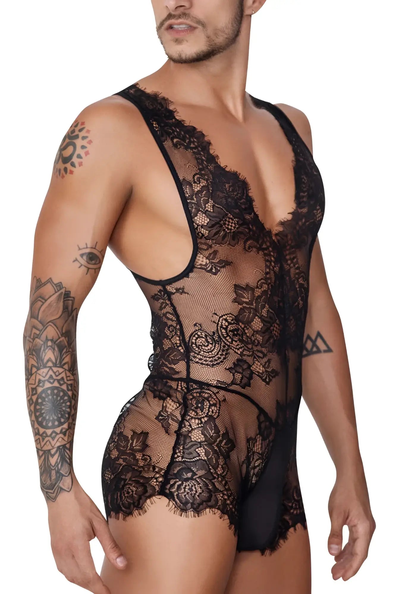 CandyMan 99743 lace bodysuit in black with intricate floral patterns and sheer mesh panels