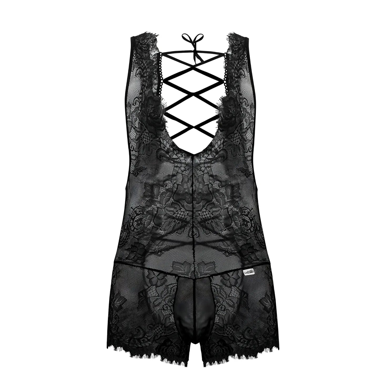 Black lace CandyMan 99743 bodysuit with intricate floral patterns and crisscross back tie detail shown from back