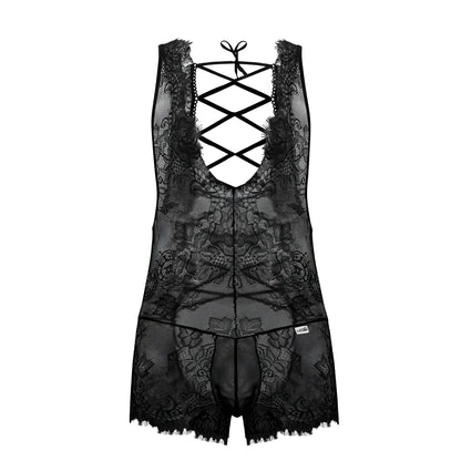 Black lace CandyMan 99743 bodysuit with intricate floral patterns and crisscross back tie detail shown from back