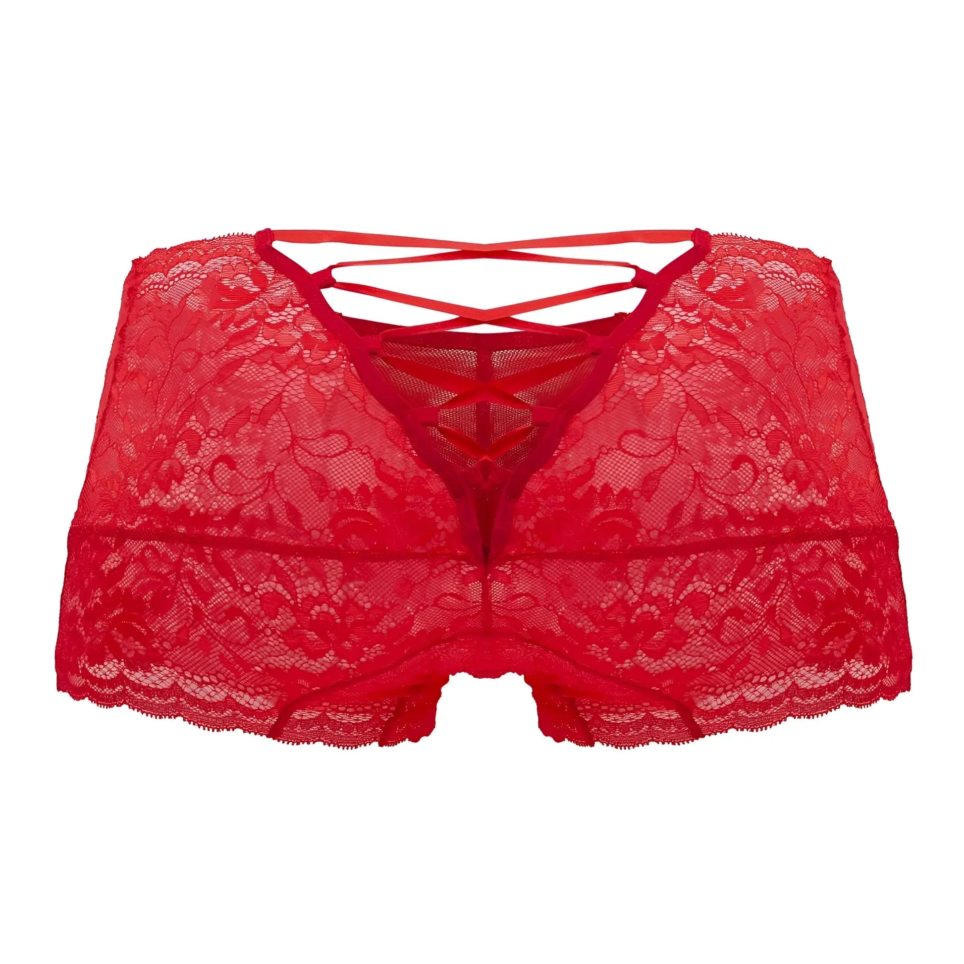 Red lace trunks with crisscross back design from candyman 99745 in vibrant red lace lingerie